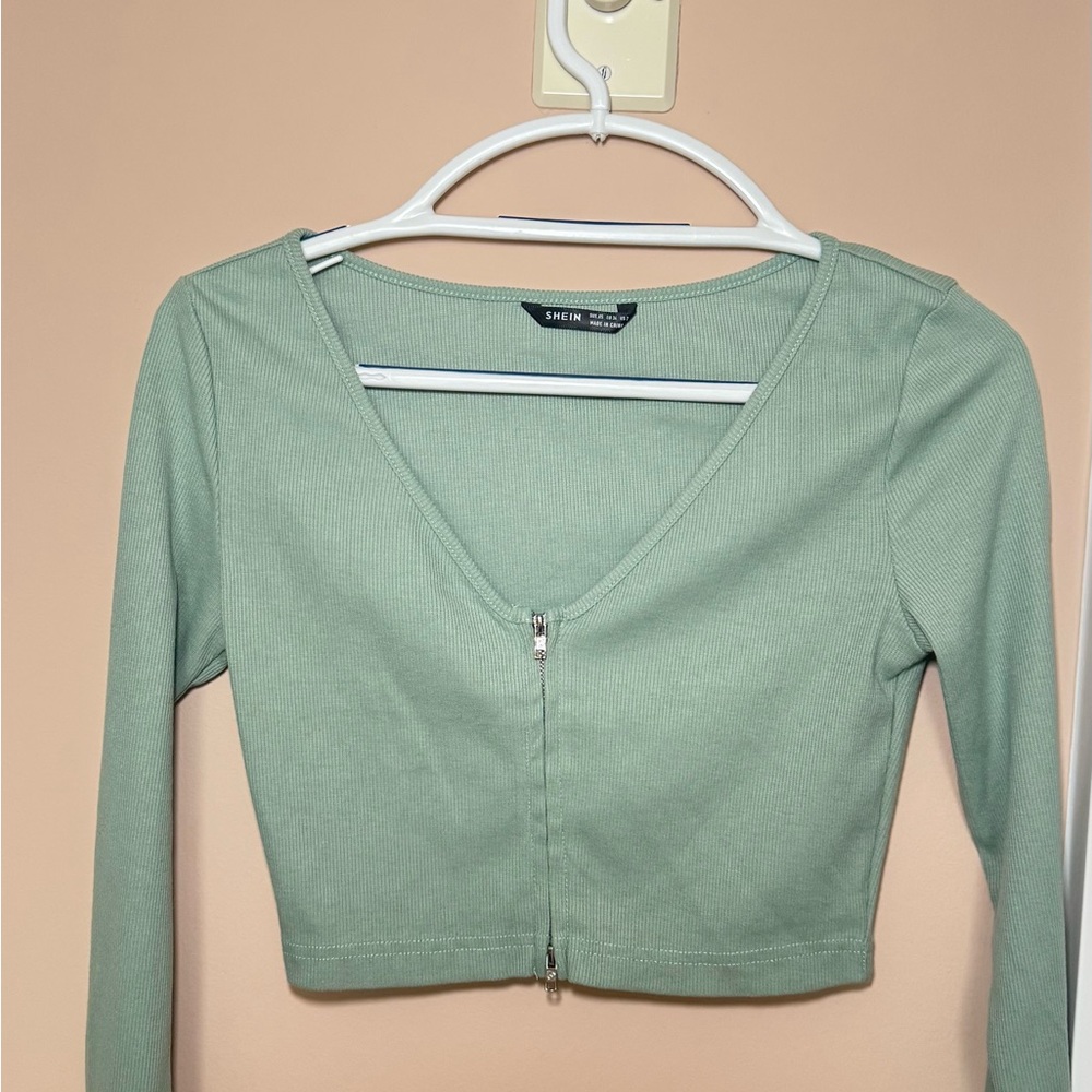 SHEIN Green Long Sleeve Zip-Front Top – Size XS